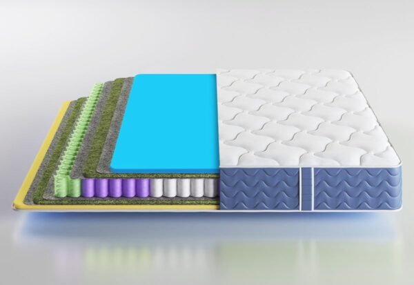 Stock image of Blue mattress with the layers from the left side